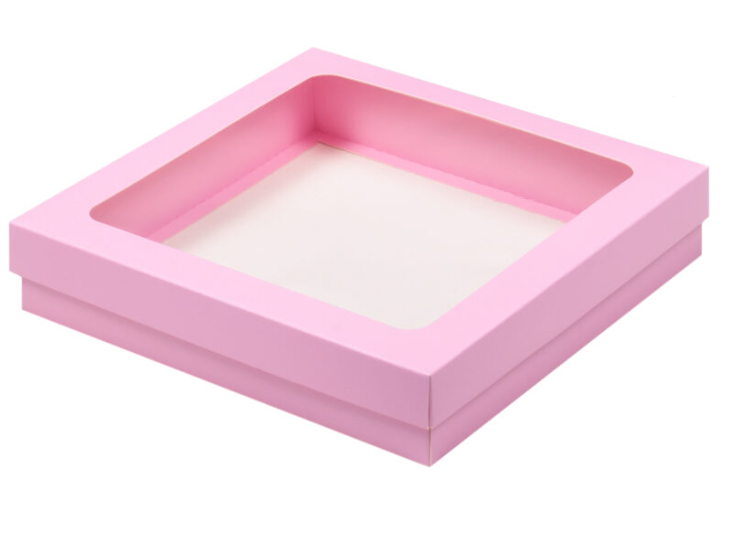 Коробка 200х200х40 для клубники в шоколаде, Розовая матовая